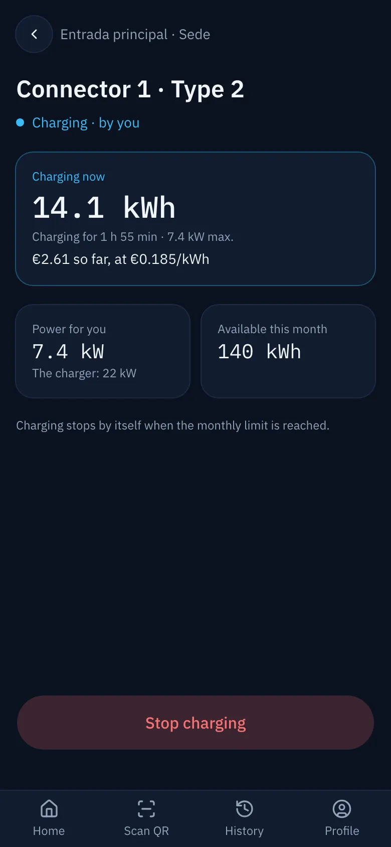 The connector page during a charge: energy, duration, cost and the stop button.