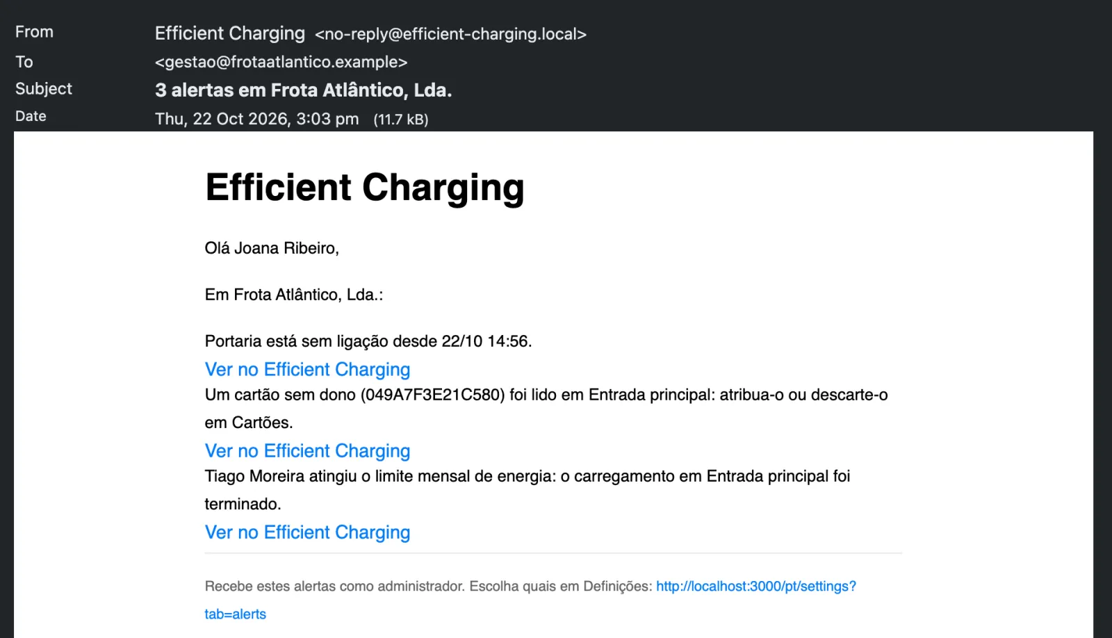 Um e-mail de alerta, como o administrador o recebe.