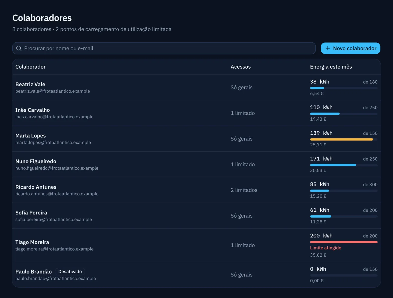 Lista de colaboradores com a energia de cada um no mês face ao seu limite.